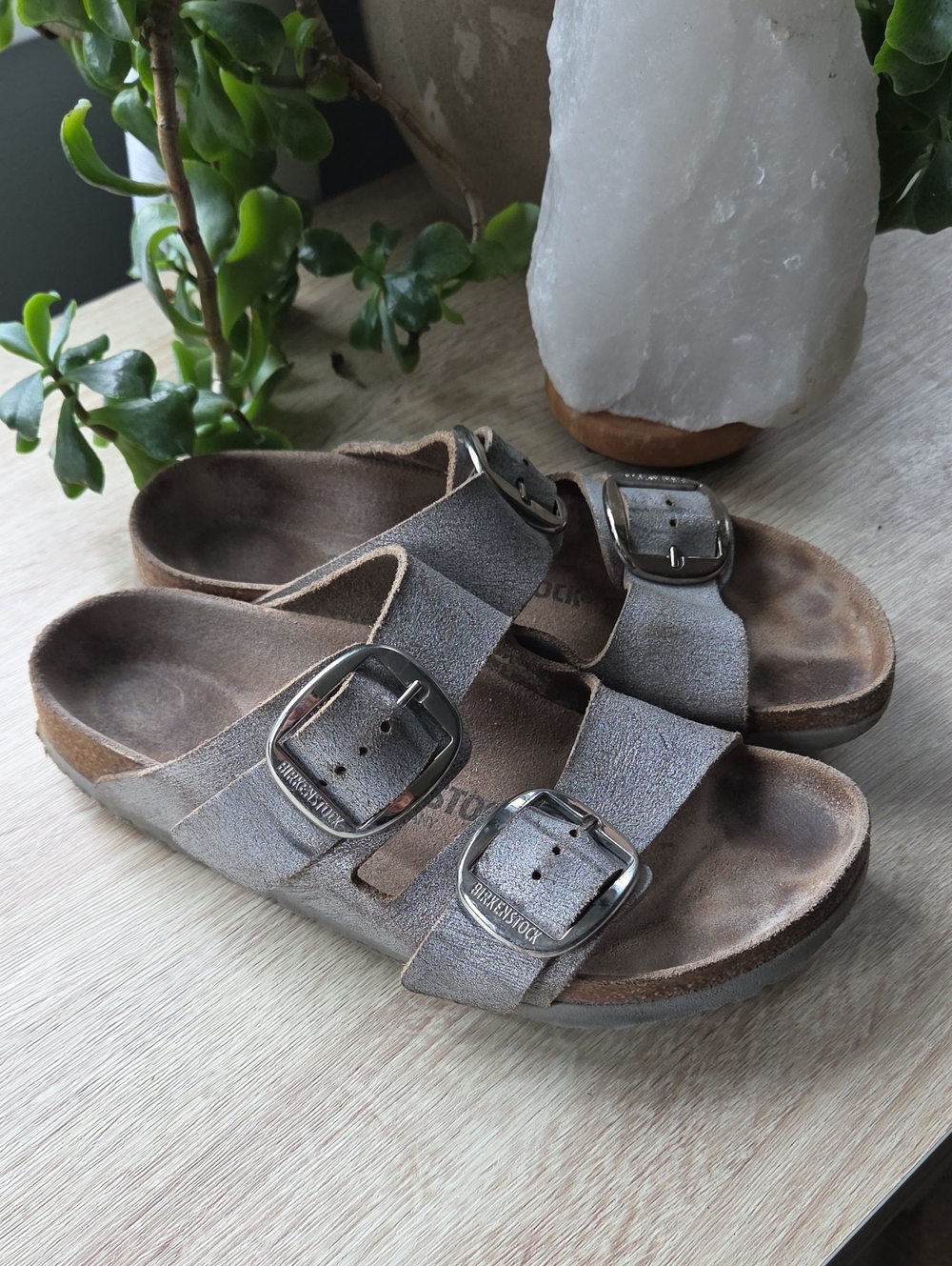 Birkenstock Arizona Double-Buckle Sandals in Metallic Taupe
